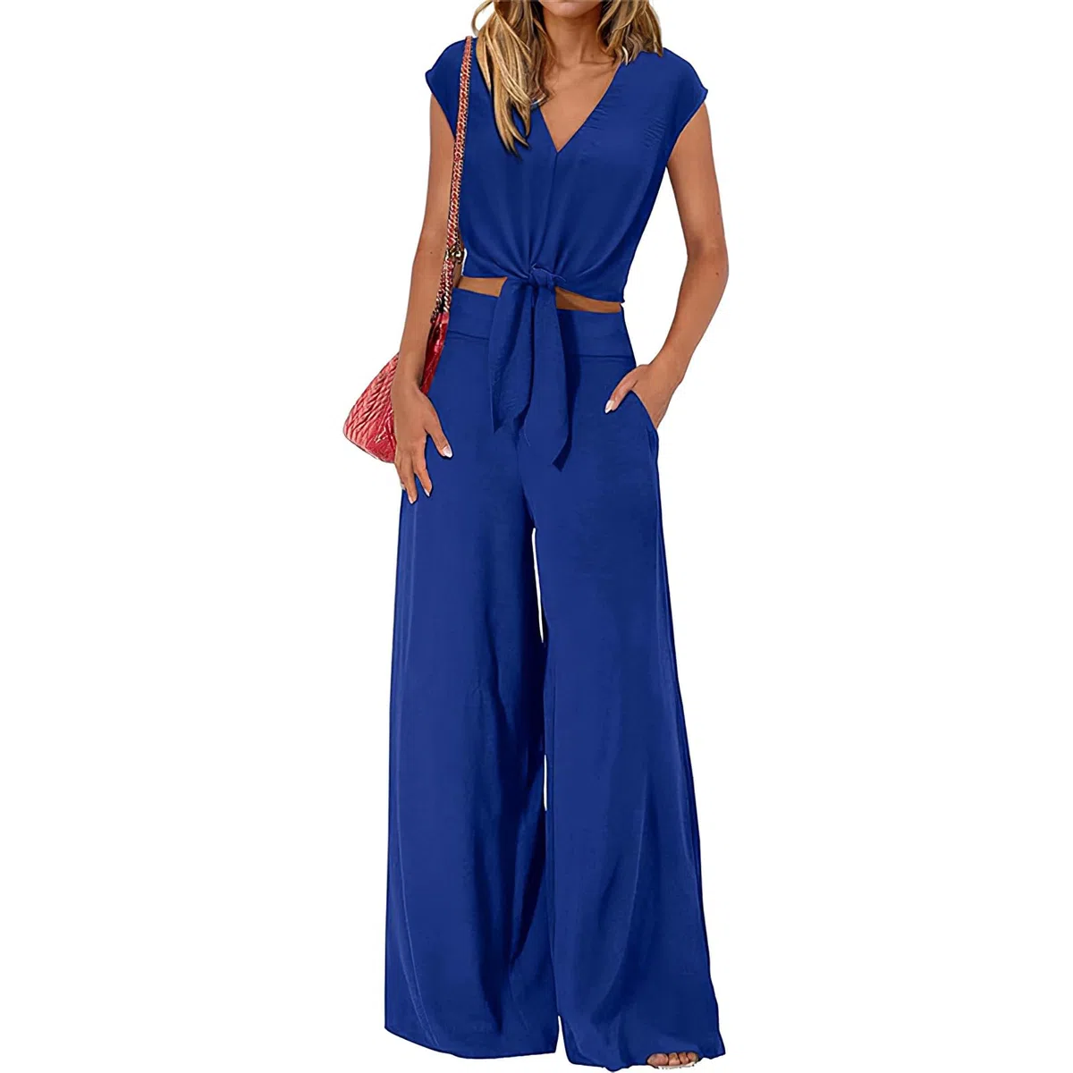 amropi Conjunto de Manga Corta Mujer V-Cuello Pajarita Verano Pantalones Anchos Casual Loungewear Azul, XL