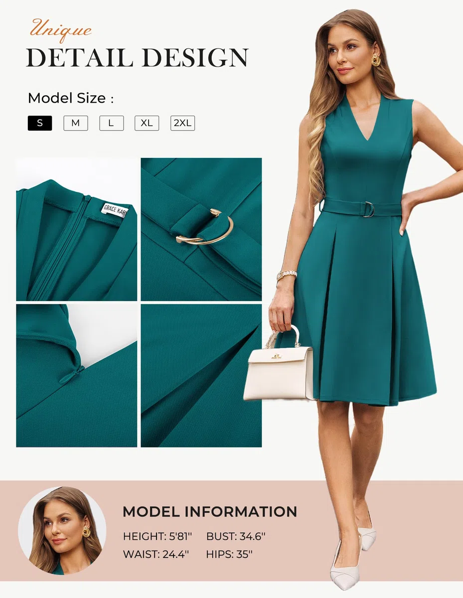 GRACE KARIN Vestido elegante sin mangas para mujer, cuello en V, con cinturón, largo hasta la rodilla