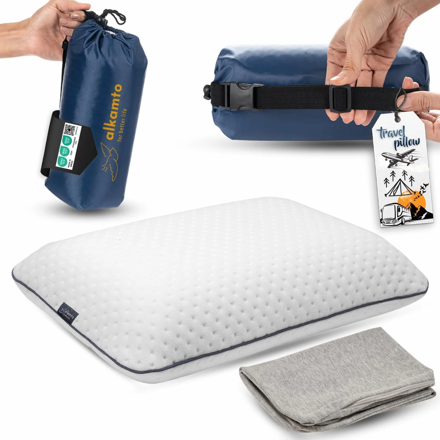 alkamto Almohada de Viaje Almohada de Camping – Espuma viscoelástica con Funda de algodón Adicional – Bolsa incluida