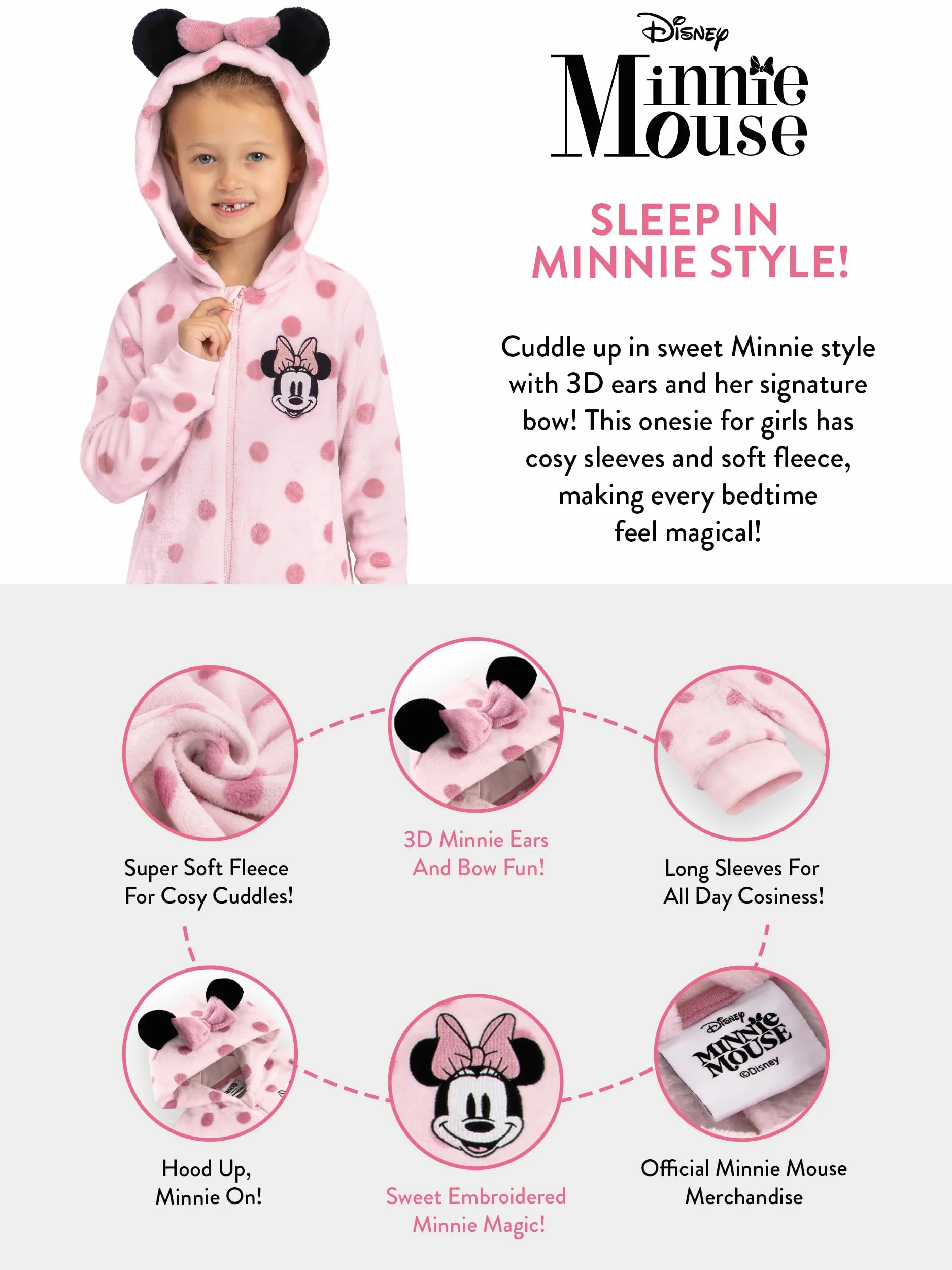 Disney Pijama Mono Minnie Mouse, Pijamas Niños Rosa, Pijamas Polares Minnie Mouse con Orejas 3D, Pijama Niña Capucha
