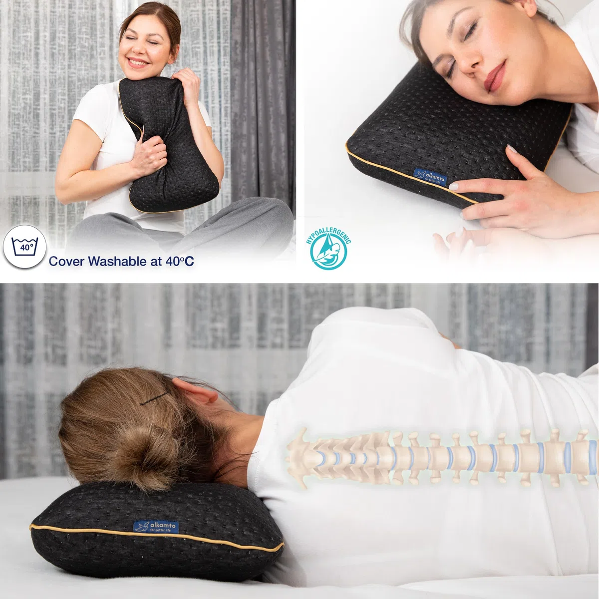 alkamto Almohada de Viaje Almohada de Camping Almohada ergonómica de Espuma viscoelástica con Funda reguladora de Temperatura Oeko-Tex Fabricada en Verde (40 x 25 x 10 cm Negro)
