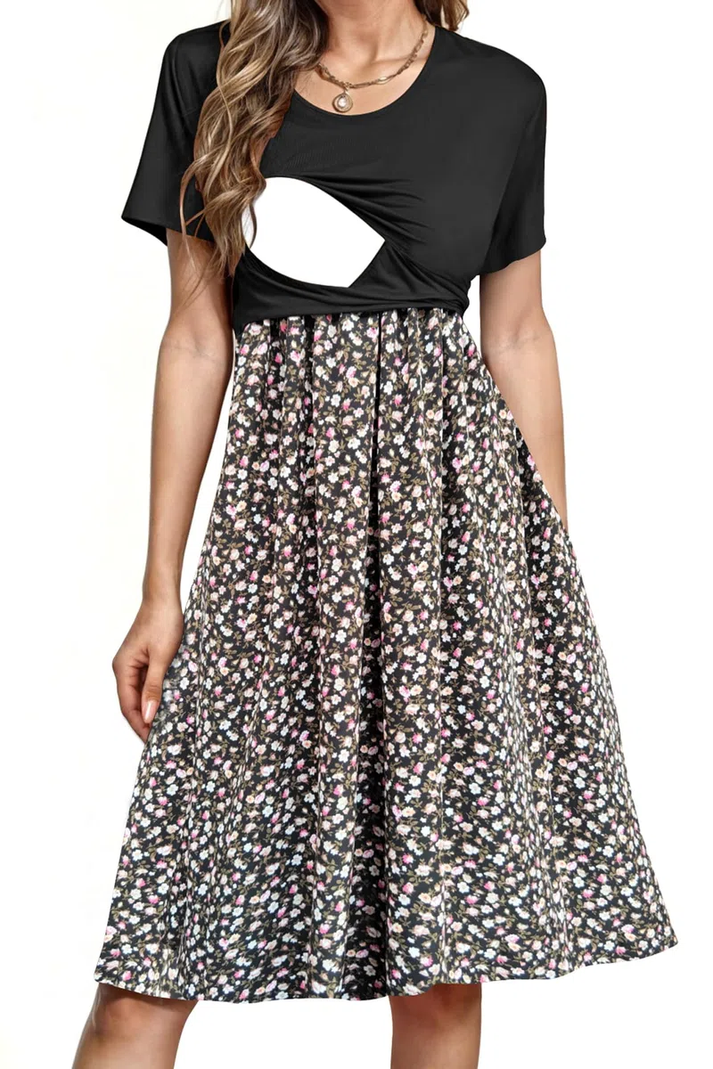 Vestido de lactancia para mujer, manga corta, patchwork, ropa de embarazo con bolsillos