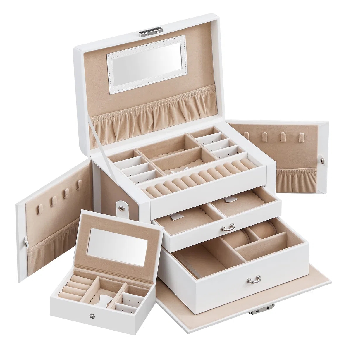 SONGMICS Caja Joyero de 3 Niveles, Caja para Joyas con 2 Cajones, con Mini Caja Portátil para Viajar, con Asa, Cerradura, para Joyas, Idea de Regalo, PU Blanco Nube, Forro Beige Arena JBC121W
