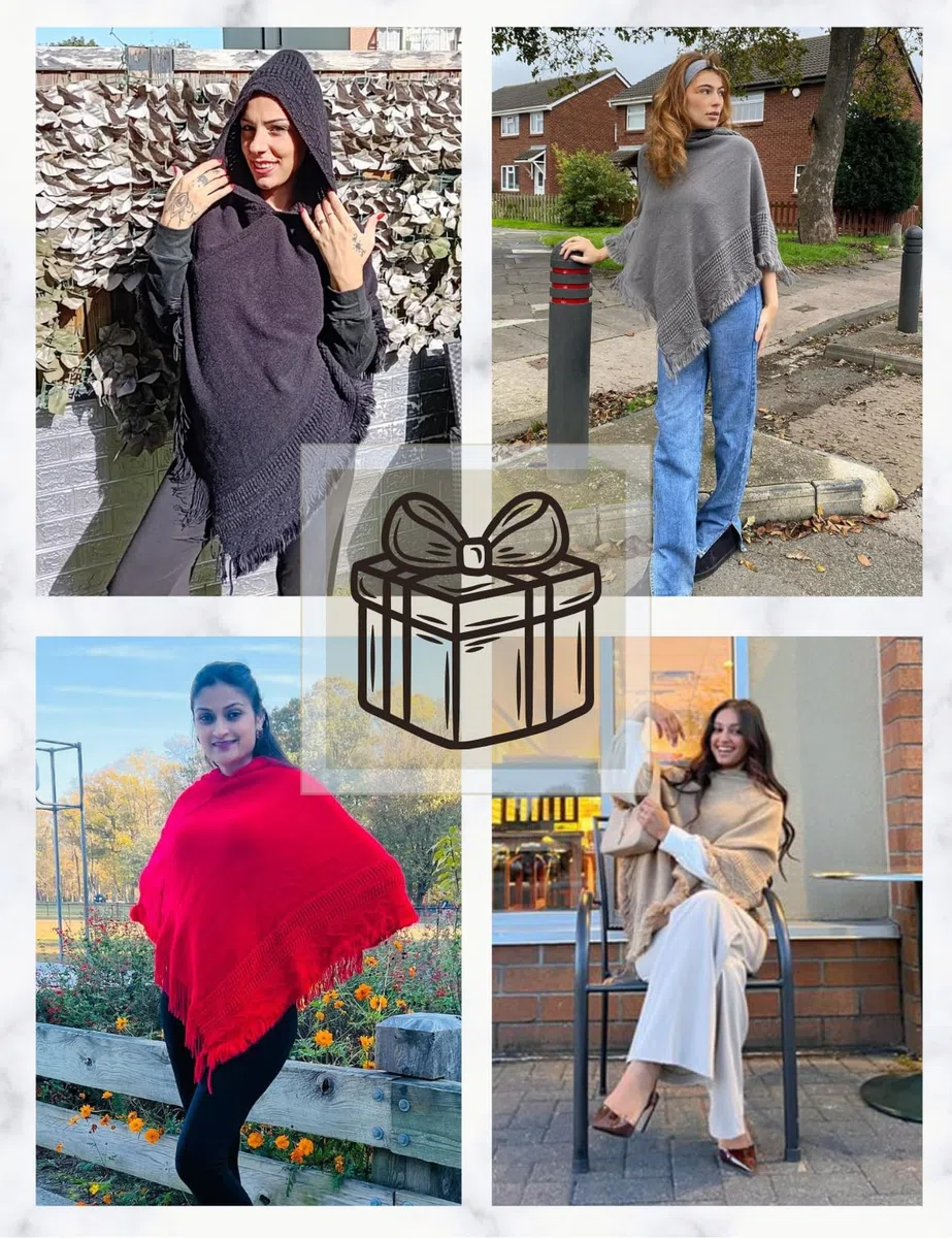 Ferand Poncho con Capucha para Mujer Capa de Crochet con Dobladillo con Flecos para Otoño Invierno
