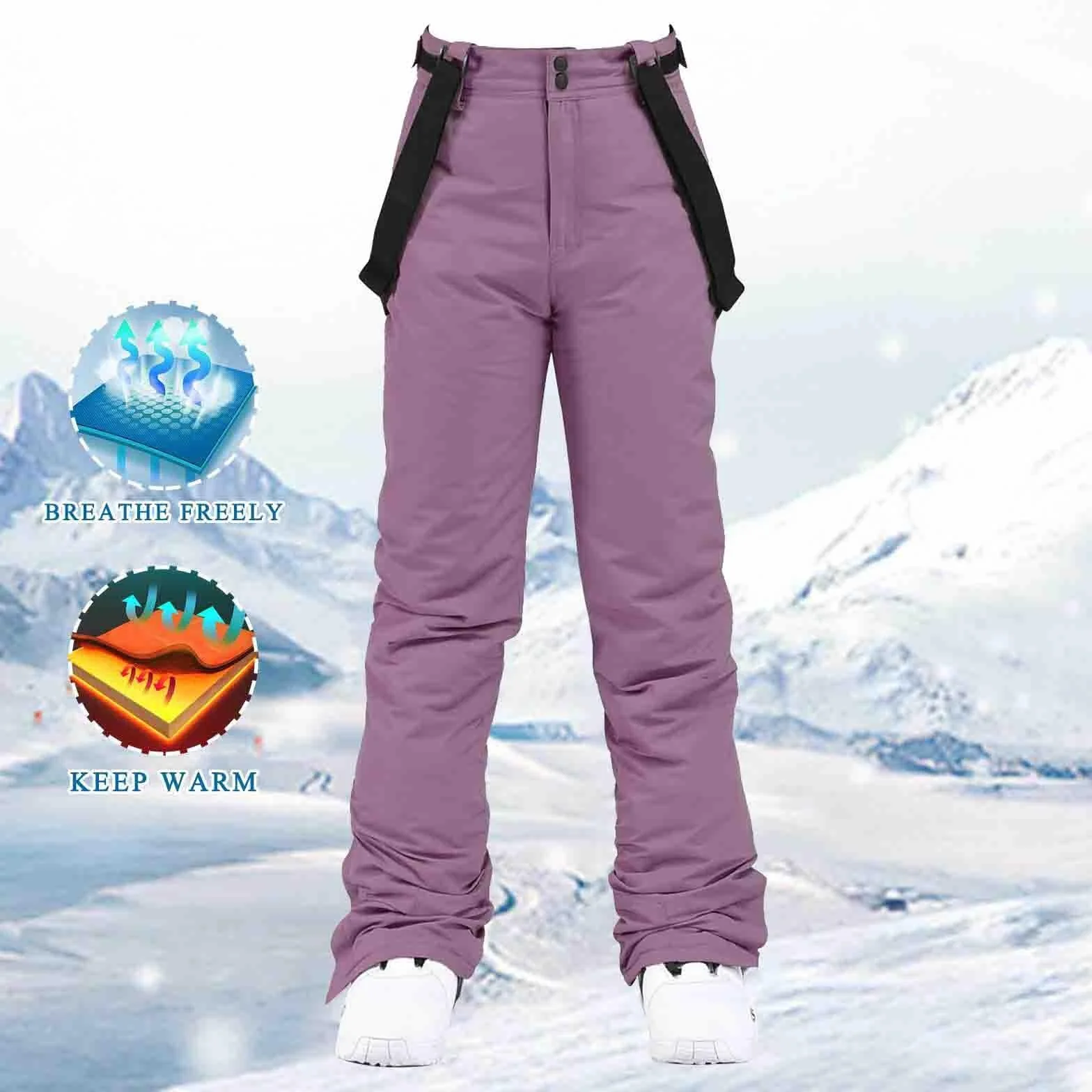 IQYU Pantalones de esquí para mujer con tirantes, pantalones de trekking para mujer, impermeables, transpirables, resistentes al viento, para la nieve, cálidos, para senderismo, exteriores, térmicos,