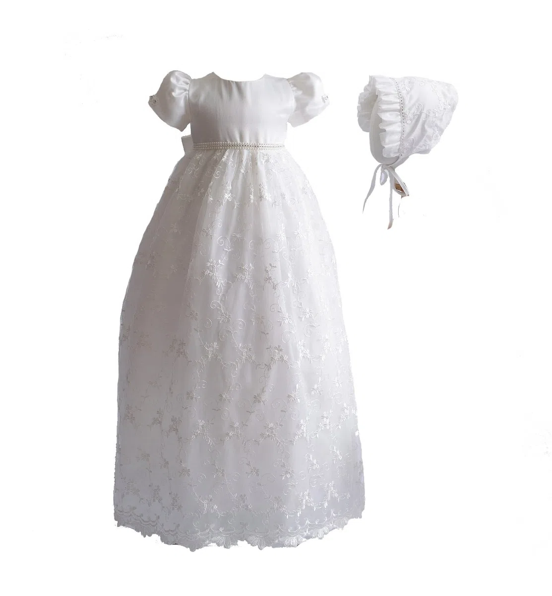 Cinda Vestido de Bautizo Largo de Encaje de bebé con bonete
