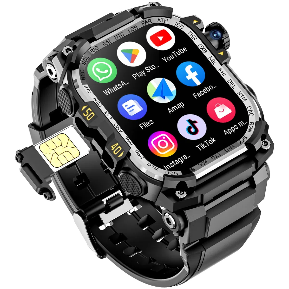 Reloj inteligente militar para hombre (almacenamiento de música), reloj inteligente de 2 pulgadas para Android e iOS, rastreador de fitness con linterna/auriculares TWS conectables pero (Negro)
