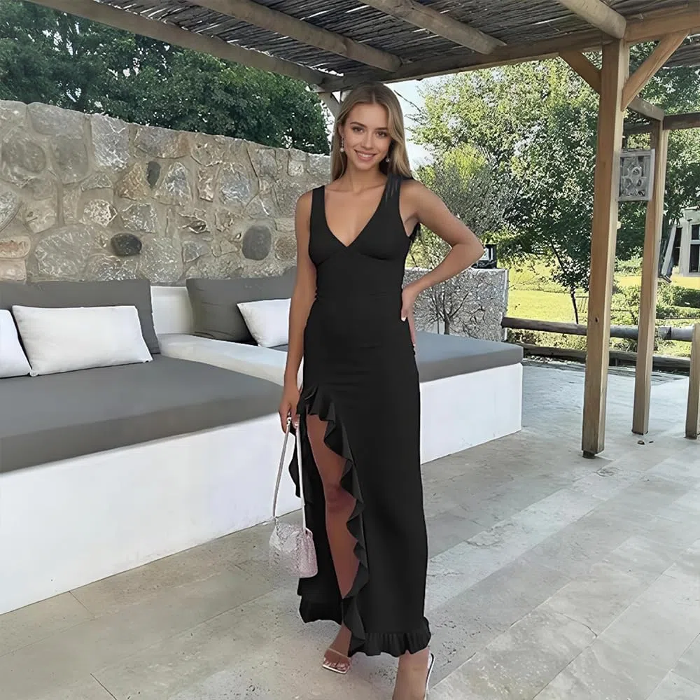 Vestido Mujer Maxi sin Manga con Cuello V Rajado Verano Elegante Volante Dobladillo Maxivestido para Cóctel Fiesta Noche(Negro/XL)