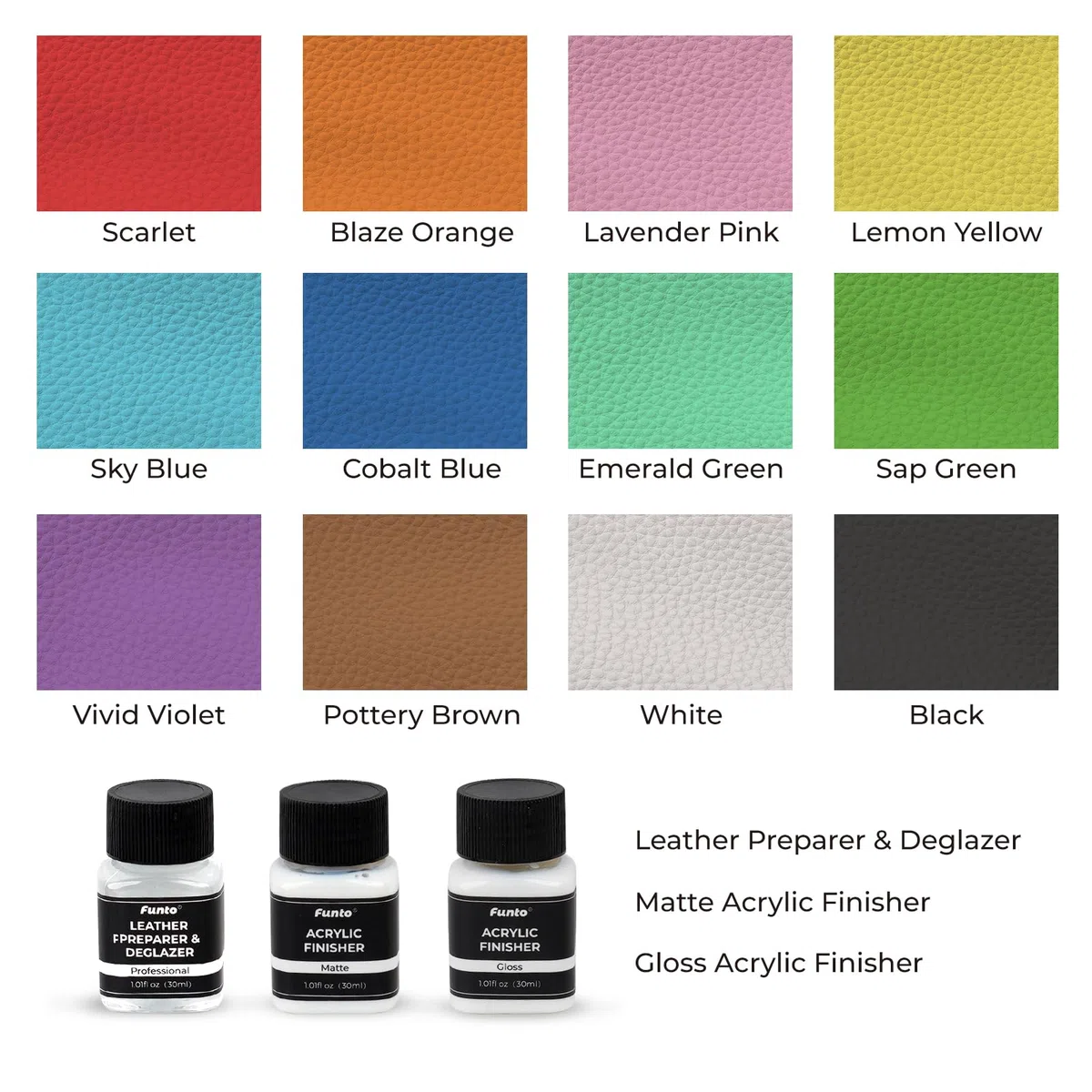 Funto Acrylic Leather Paint Set 12 Colores - Con Preparador de Piel, 2 Acabados Acrílicos, 5 Pinceles de Nylon, Esponja Redonda, 36 Pegatinas Alfanuméricas - Kit de Bricolaje Perfecto para Zapatos