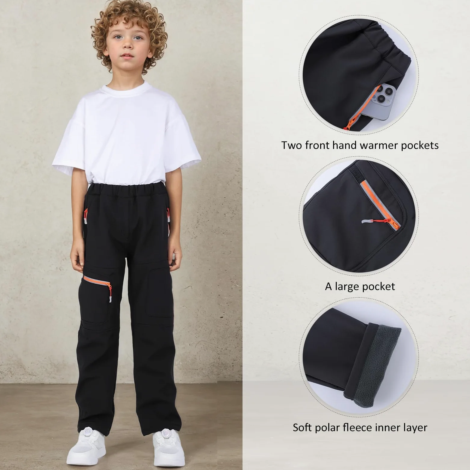BWBIKE Kids Pantalones Cortavientos Impermeables para Nieve para Niño Forro Polar para Jóvenes al Aire Libre Lind Hiking Softshell Pantalones Cálidos con Aislamiento con 4 Bolsillos con Cremallera