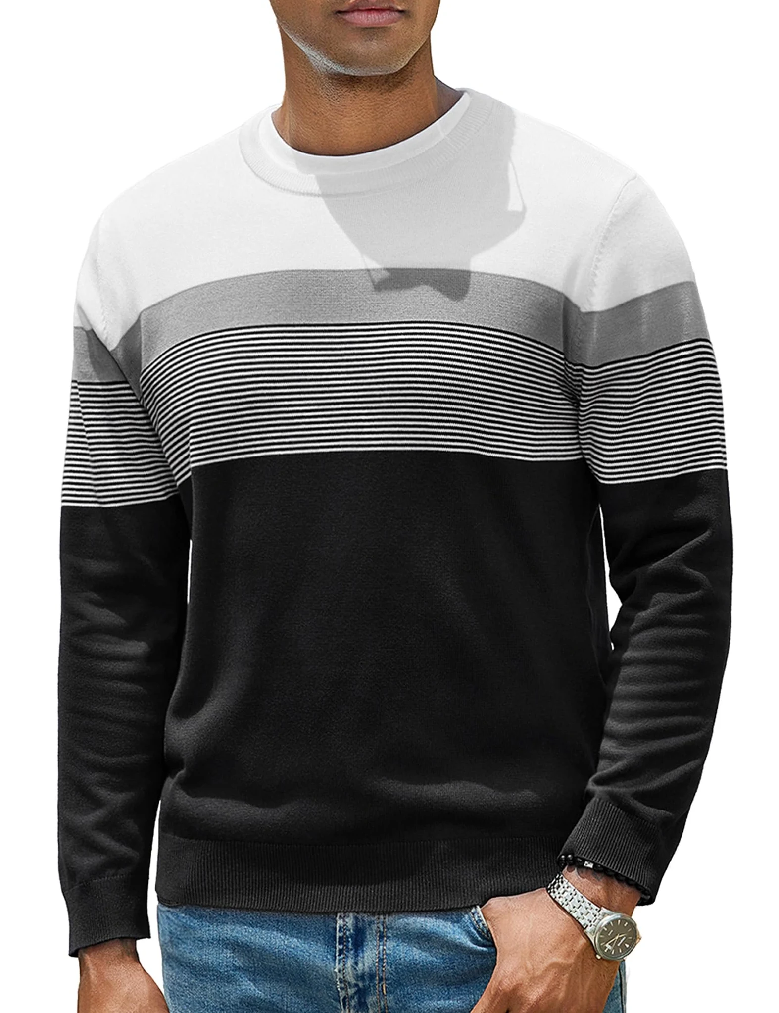 iClosam Suéter de Punto a Rayas con Cuello Redondo para Hombre Jersey de Manga Larga Corte Entallado