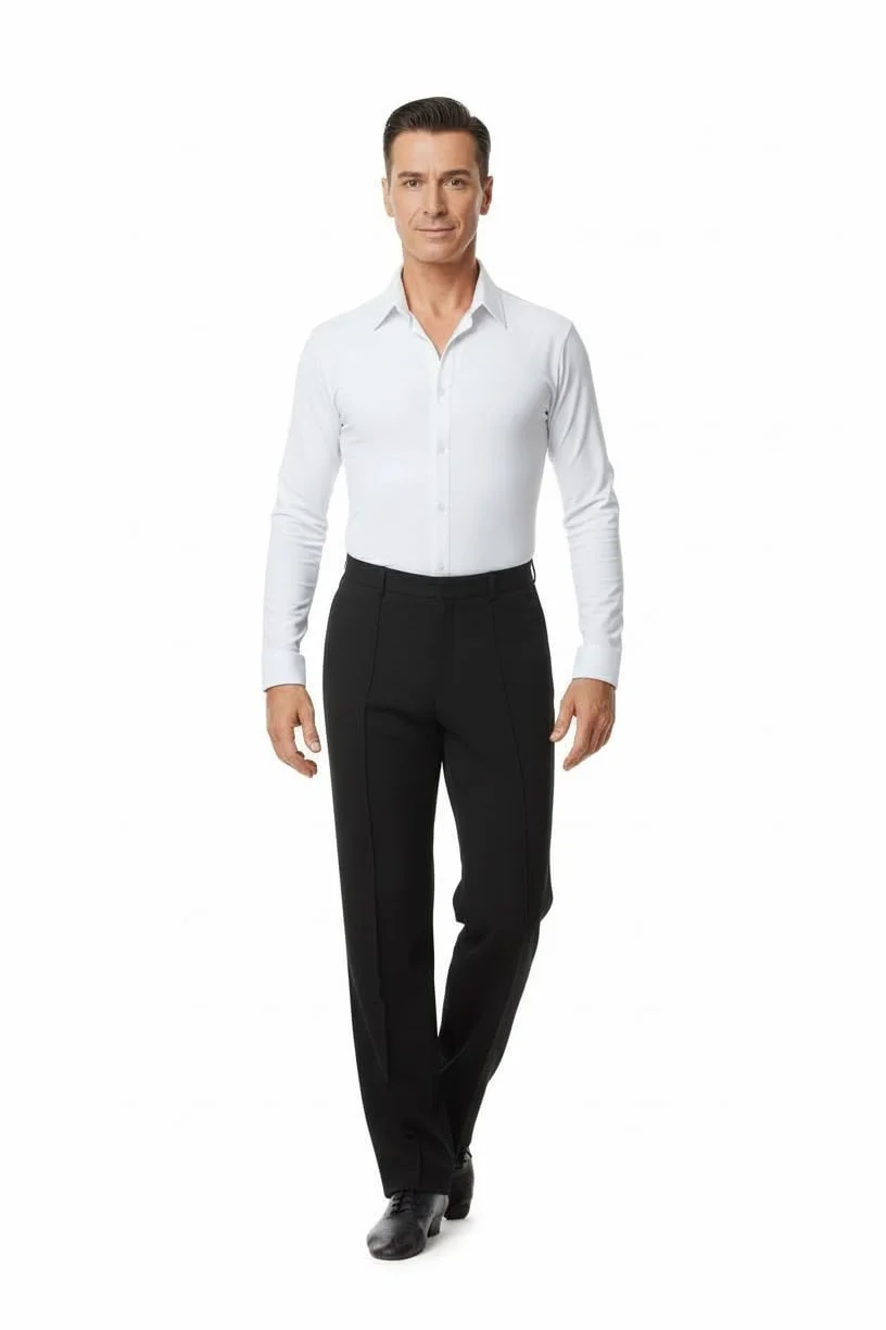 Camisa Body Chicago Slim Fit Hombre para Baile de Salón y Danza Estándar y Latino Americano, Manga Larga, Cuello Rígido con Varillas, Tejido Técnico Transpirable, Blanco y Negro