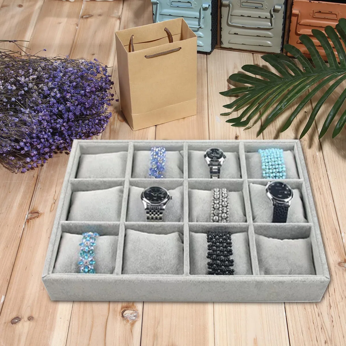Tissting Bandeja de Reloj, Organizador Elegante de Joyas con 12 Ranuras y Almohadas Removibles, Soporte para Relojes y Pulseras, Caja de Exhibición Compacta para Hogar o Tiendas