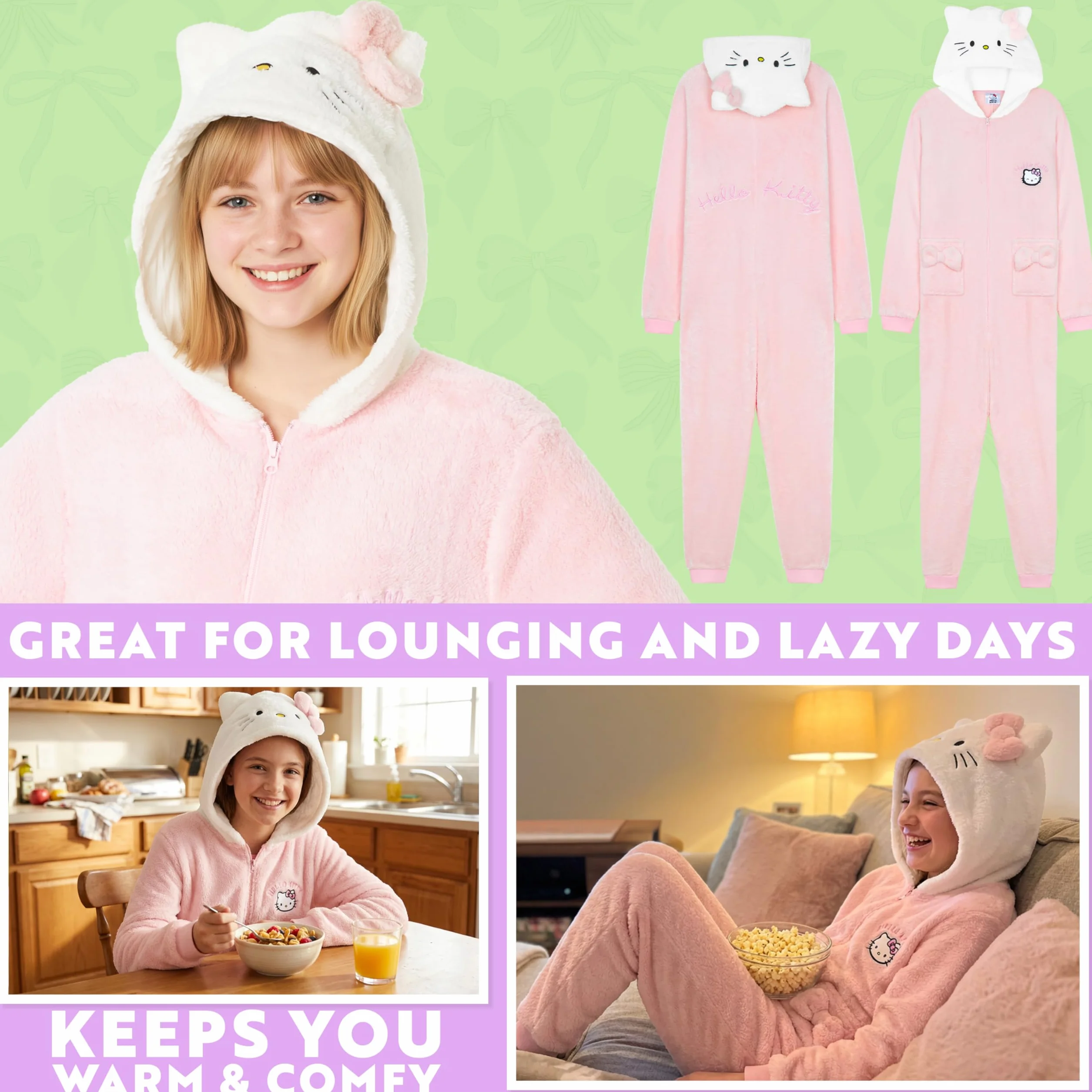 Hello Kitty Sanrio Pijama Entero Niña y Adolescente con Capucha, Pijama Una Pieza, Polar Ropa de Dormir, Regalos de Anime
