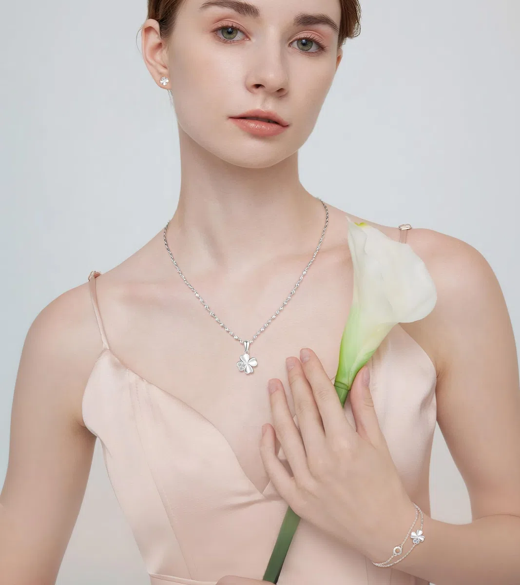 Conjunto joyas de 3 piezas, collar de plata trébol para mujer, pulsera de cadena trébol, y pendientes de trébol para niña, plata de ley 925 juegos de joyas para novia mamá hija fiesta