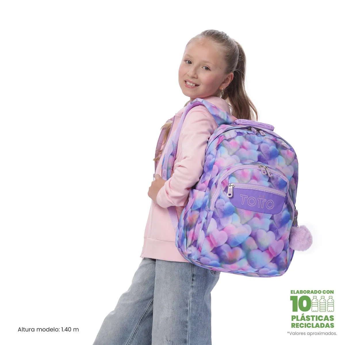 TOTTO - Mochila Escolar Adaptable a Carro, Modelo Acuareles Glitter, Capacidad 20L, Bolsillo para Pc 14", 2 Bolsillo Botella, Espaldar Ergonómico con Flujo de Aire, Correas en S, Estampado Kory Morado