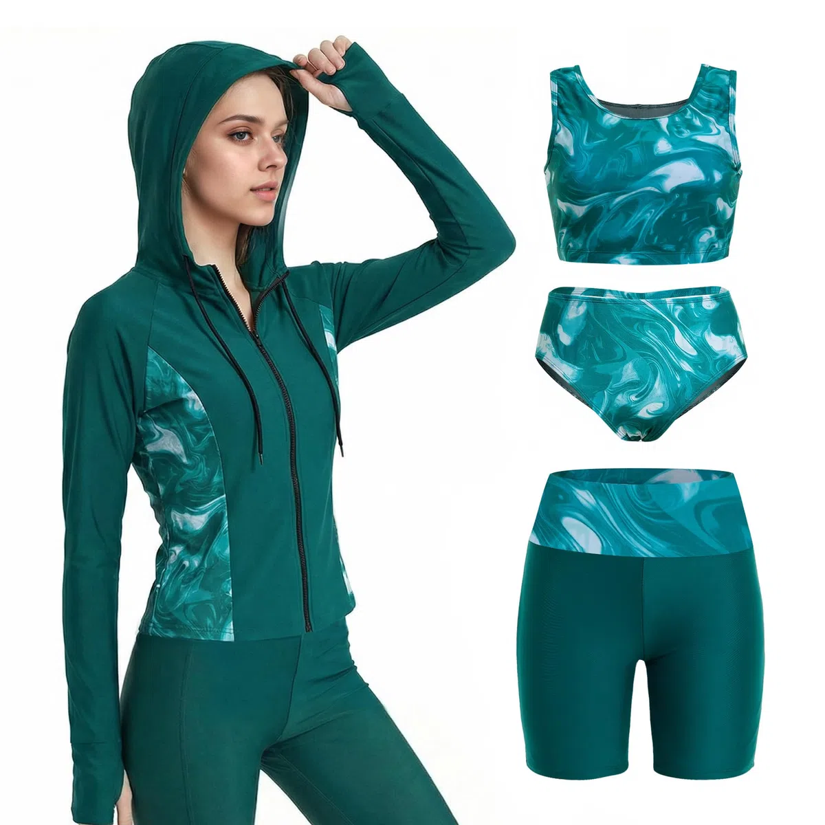 Owntop Camiseta de natación de manga larga para mujer, camiseta de natación con protección UV con brasier integrado, juego de 4 piezas para natación, surf y vacaciones en la playa