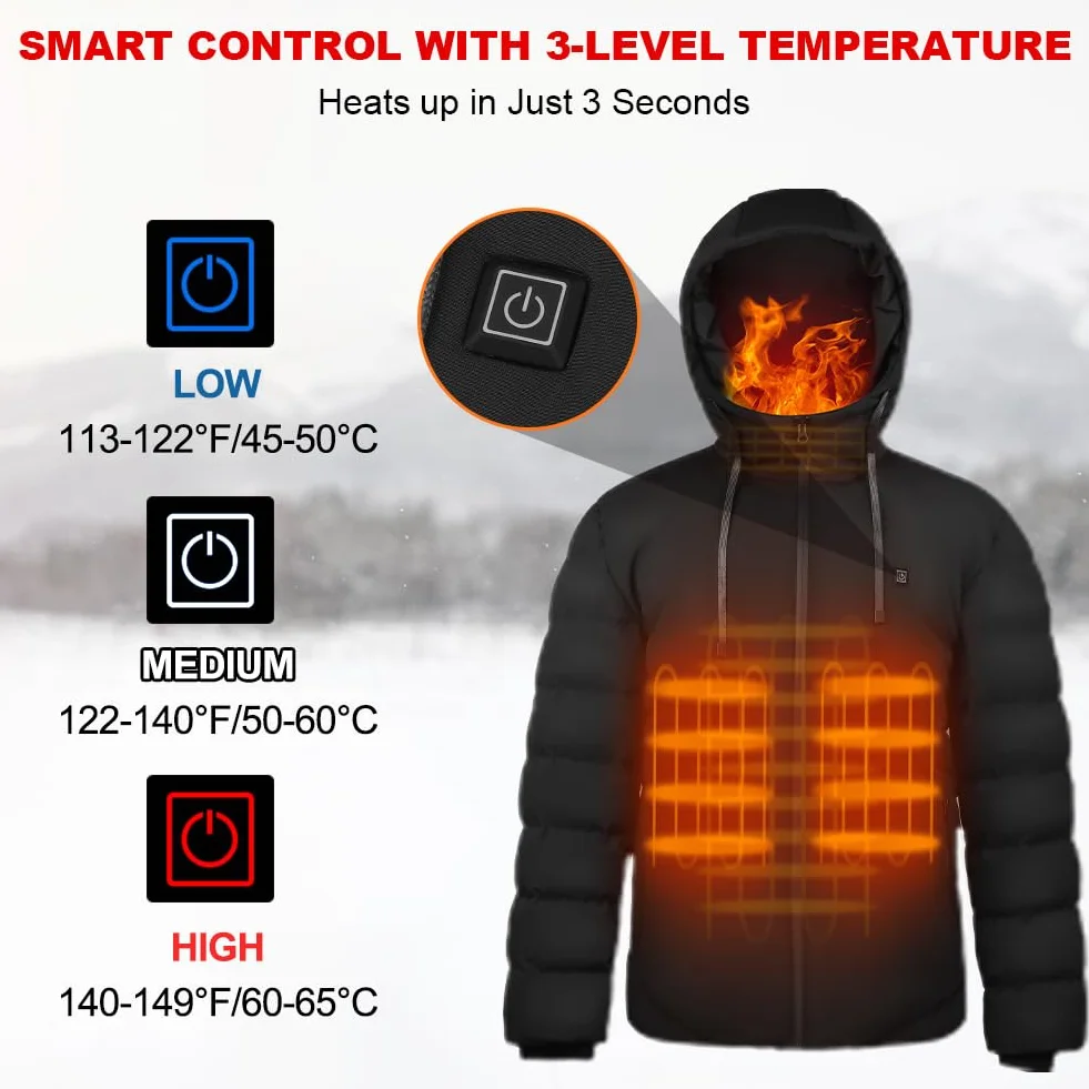 Chaqueta Calefactable con Batería 10000mAh y Capucha para Hombre Mujer, Chaqueta Calefactable de 3 Niveles de Calefacción, Chaqueta Termica para Al aire libre Esquí Trabajo