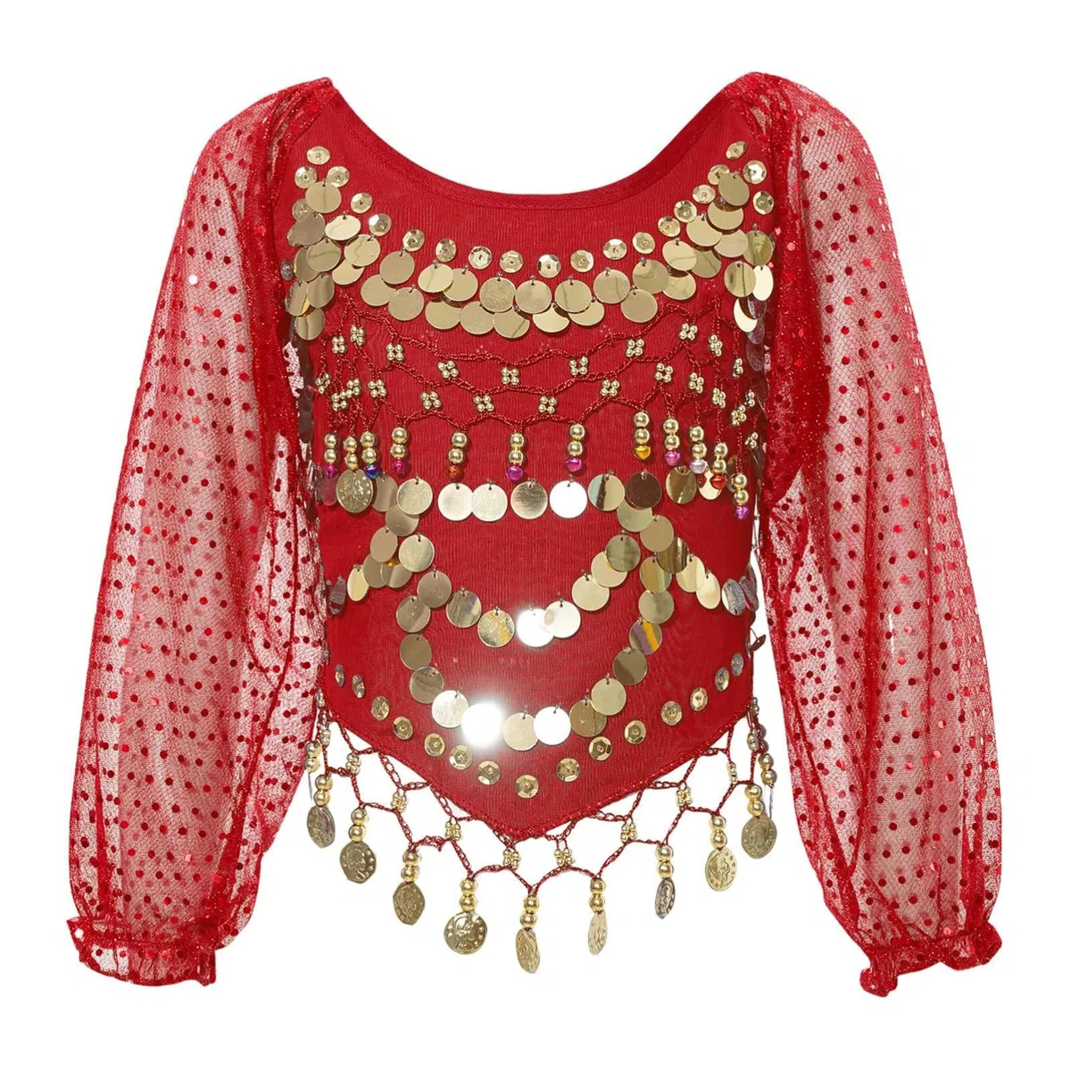 Camiseta de danza del vientre para mujer, manga larga abombada, de gasa, con lentejuelas, para danza del vientre, blusa con borlas y monedas con purpurina para festivales, club, camiseta corta tribal