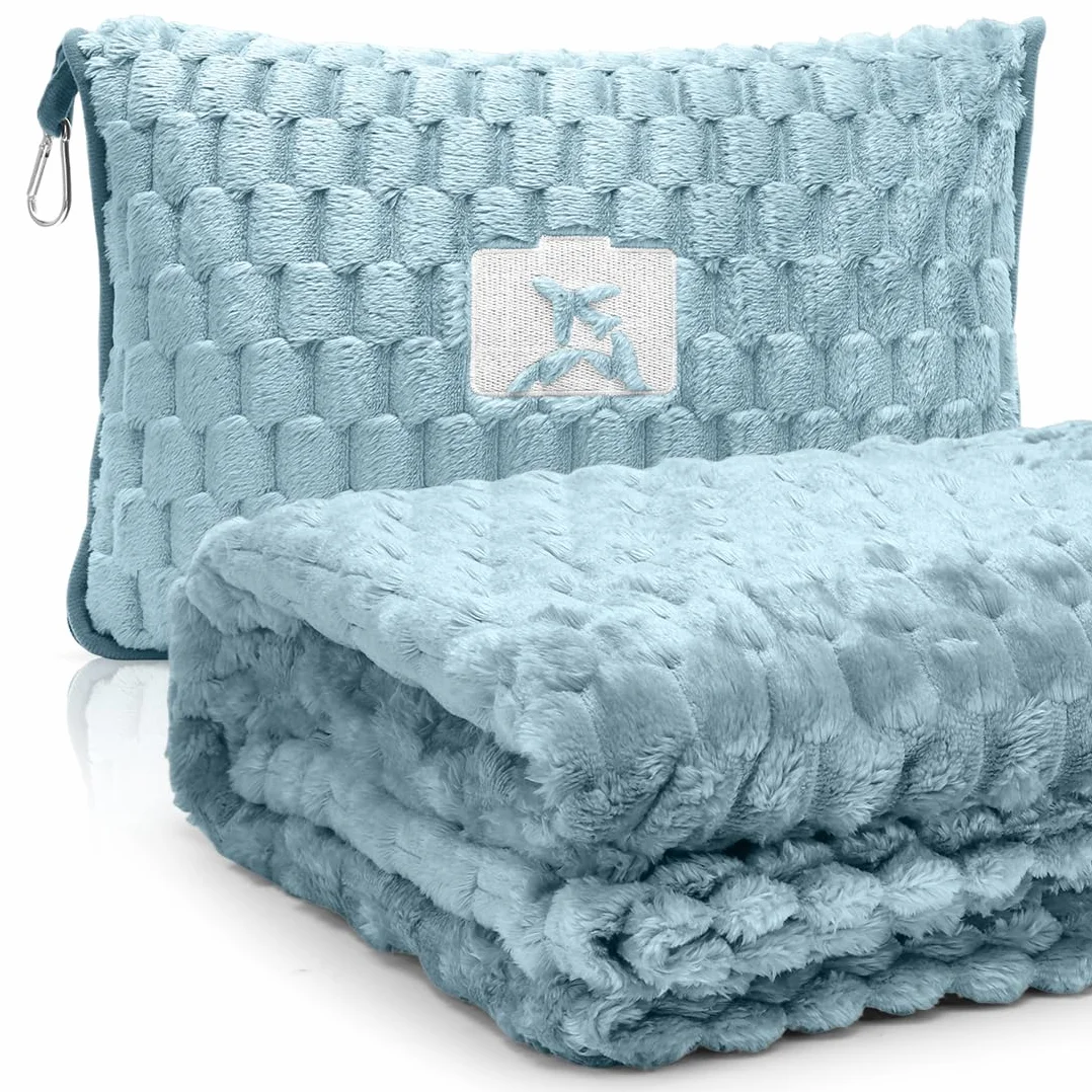 Manta de viaje almohada 2 en 1, suave y cálida manta de avión, almohada portátil multifuncional con funda de almohada, manta de viaje para avión, viajes, oficina, hogar, 127 x 152 cm (azul)