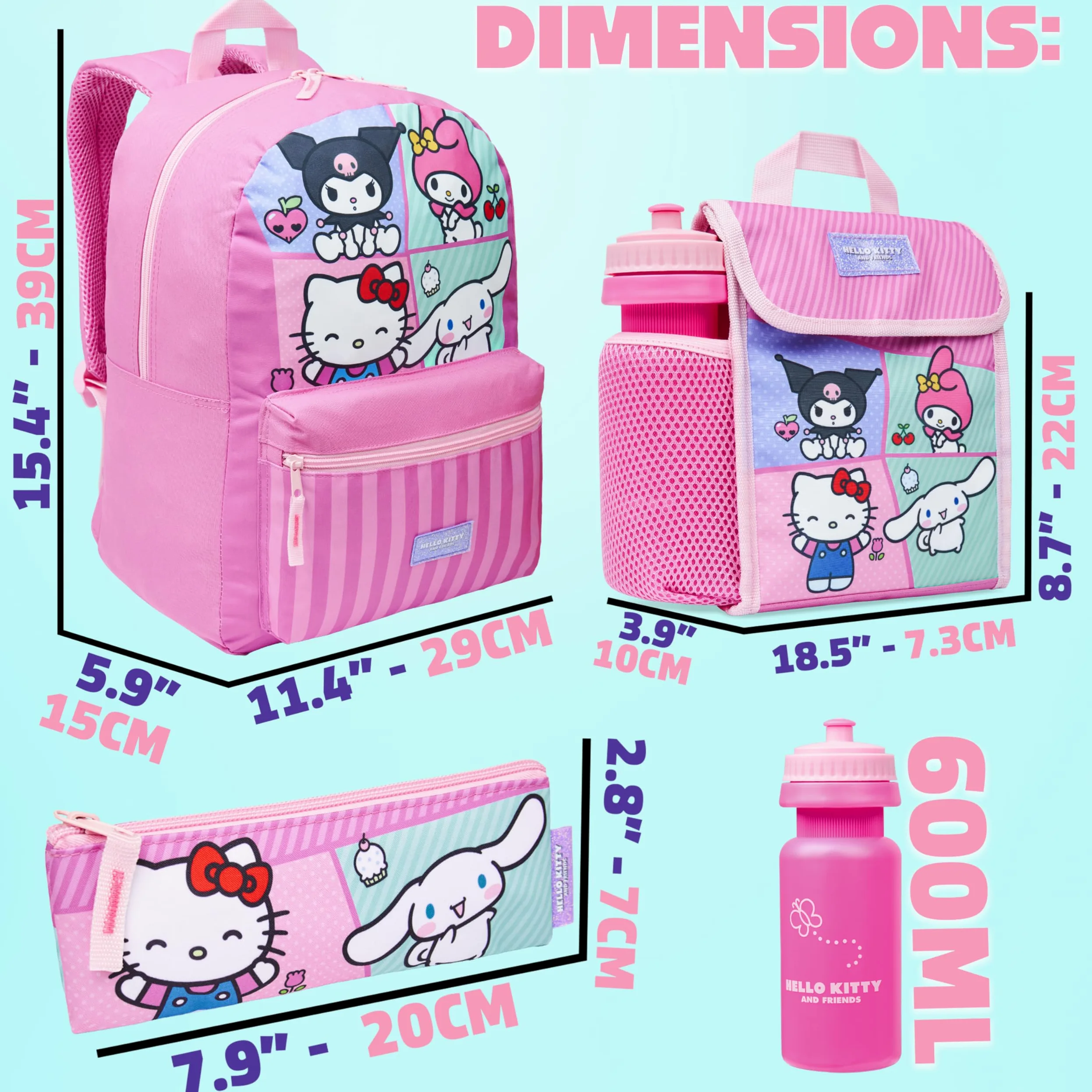 Hello Kitty Sanrio Mochila Escolar Set de 4 Piezas con Botella Agua Estuche Bolsa Almuerzo Cinnamoroll Kuromi Material Escolar