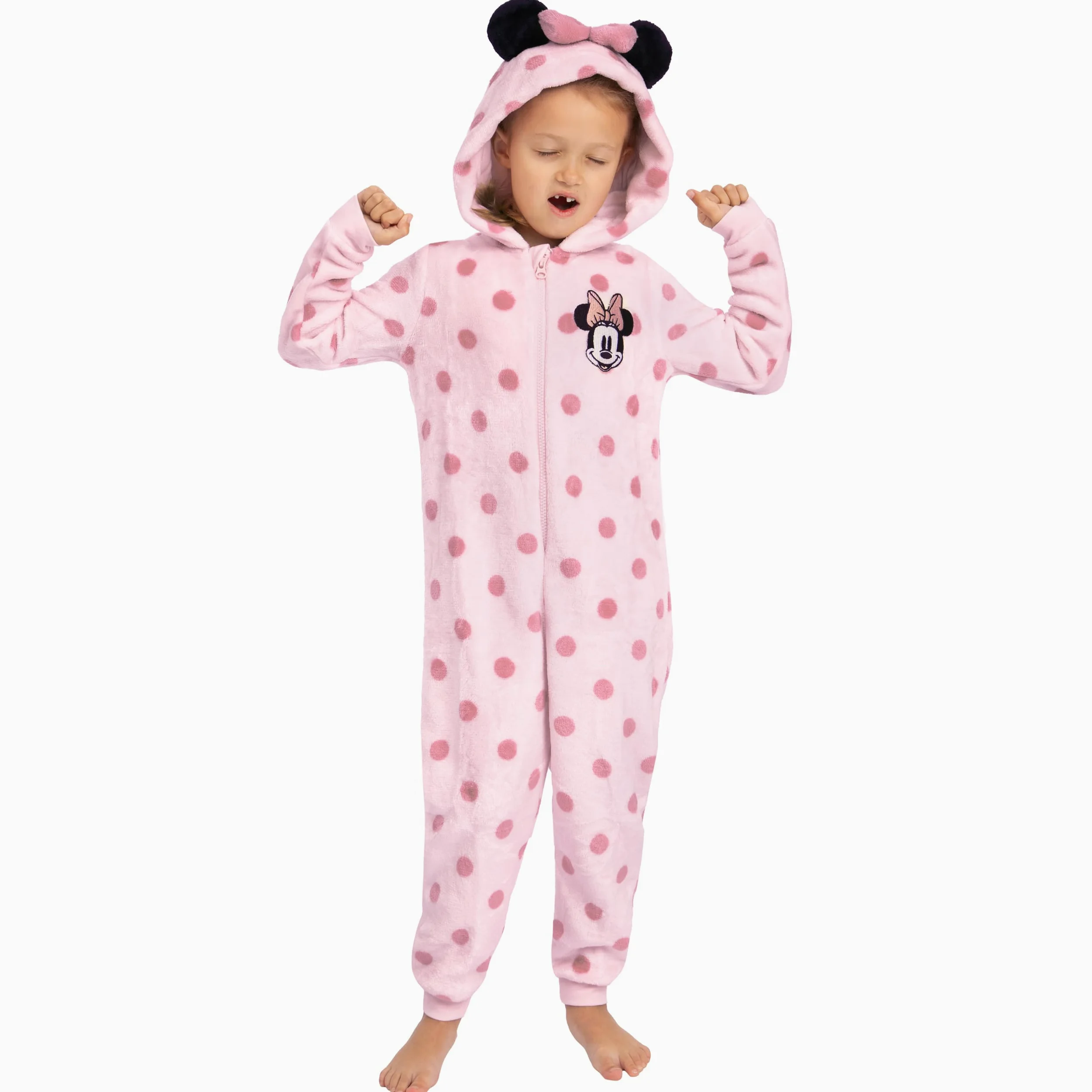 Disney Pijama Mono Minnie Mouse, Pijamas Niños Rosa, Pijamas Polares Minnie Mouse con Orejas 3D, Pijama Niña Capucha