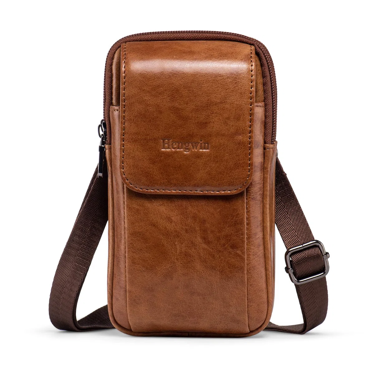 Multifuncional Cuero Genuino Doble Cremallera Bolsillos Hombres Vintage Look Bolso Bolso de Hombro teléfono cinturón Bolsa teléfono Funda para Viajes Actividades al Aire Libre
