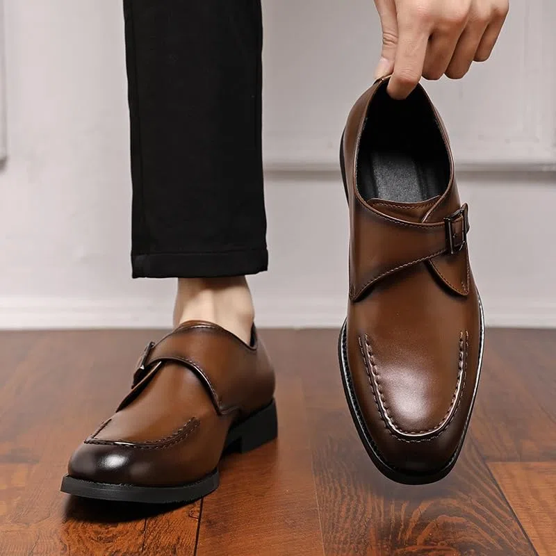 Zapatos de vestir para hombre, punta redonda bruñida, piel sintética, correa de monje, puntera baja, suela de goma antideslizante, tacón de bloque, trabajo antideslizante