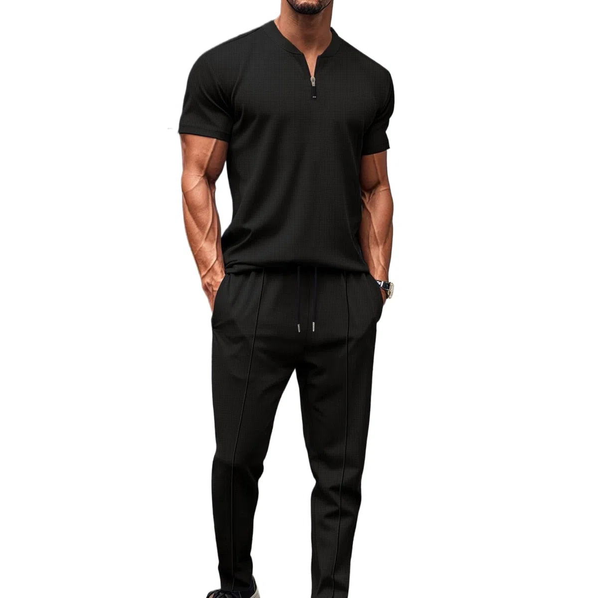 Chándal Deportivo para Hombre Camiseta de Manga Corta con Cremallera y Pantalones Largos Conjunto Deportivo Hombre Verano
