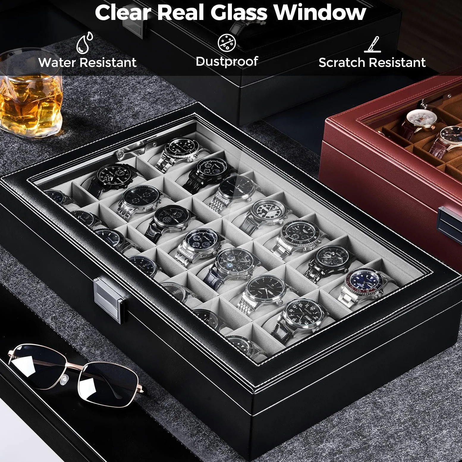 ProCase Caja para Relojes, 20 Ranuras Organizador de Joyas Relojero Multifuncional Caja Joyería Cuero PU con Almohadilla Suave Tapa Cristal Vidrio Almacenamiento Porta Reloj para Hombres -Negro