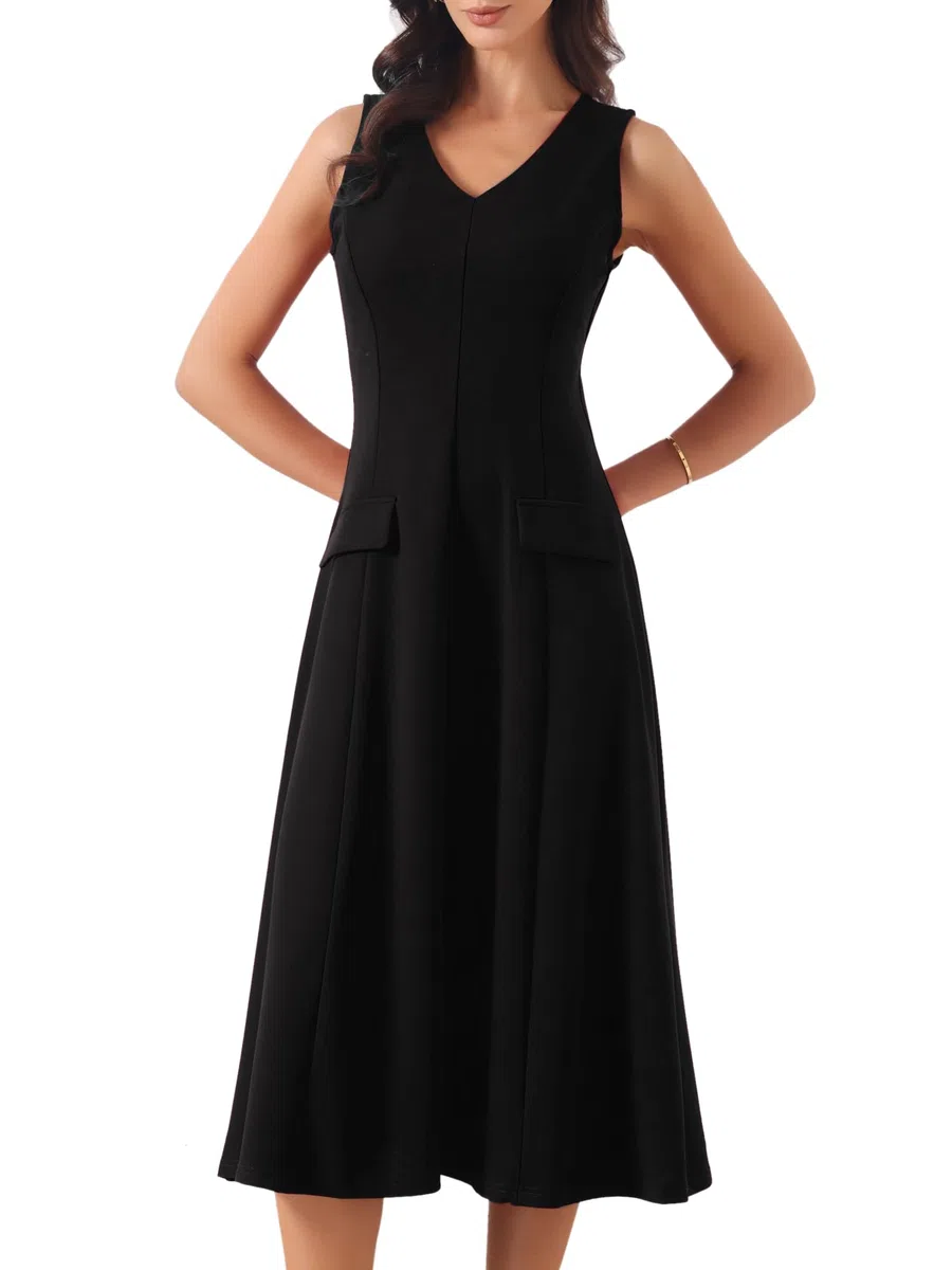 Allegra K Vestidos de Oficina para Mujer Cuello en V sin Mangas Corte A Vestido Midi de Trabajo