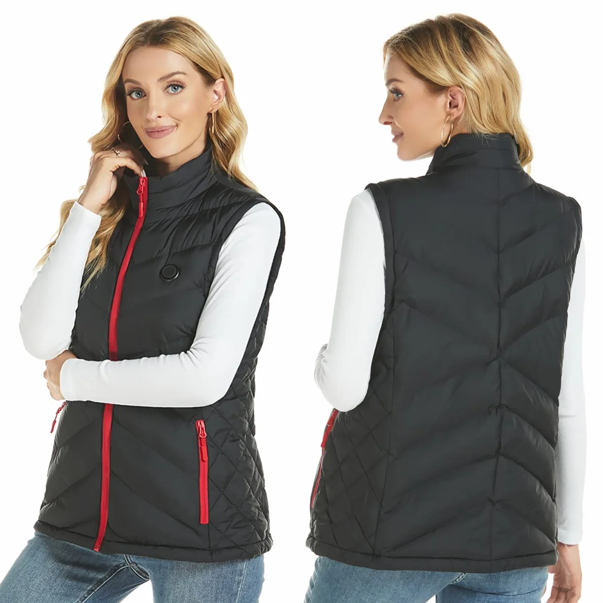 Chaleco calefactable para mujer con paquete de batería, eléctrico ligero, recargable por USB con bolsillos, cálido para invierno, ajustado (XL)