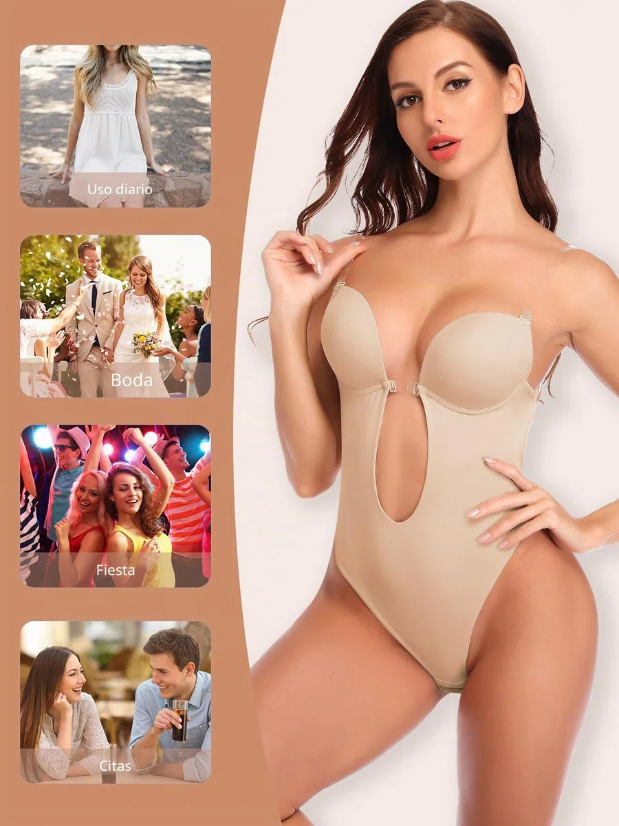 SHAPERIN Mujer Body Reductor con Sujetador Push Up Cuello en V Profundo Body Faja Tanga Sin Espalda Shapewear Bodysuit Sin Costuras