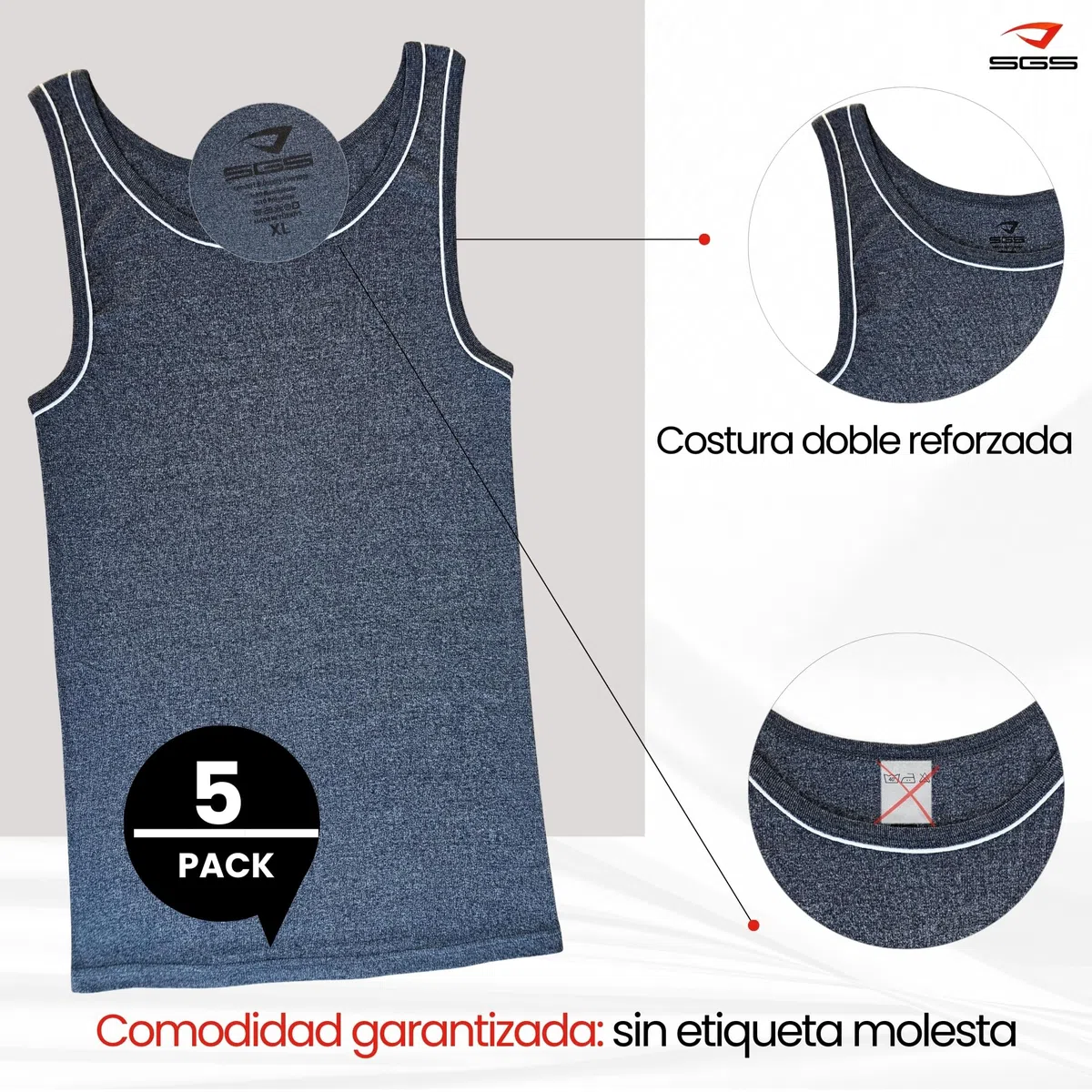 SGS Pack de 5 Elegantes Camisetas de Tirantes y Chalecos para Hombre Extra Largo +12 cm - Camiseta Tirantes Hombre, Camiseta Sin Mangas para Hombres