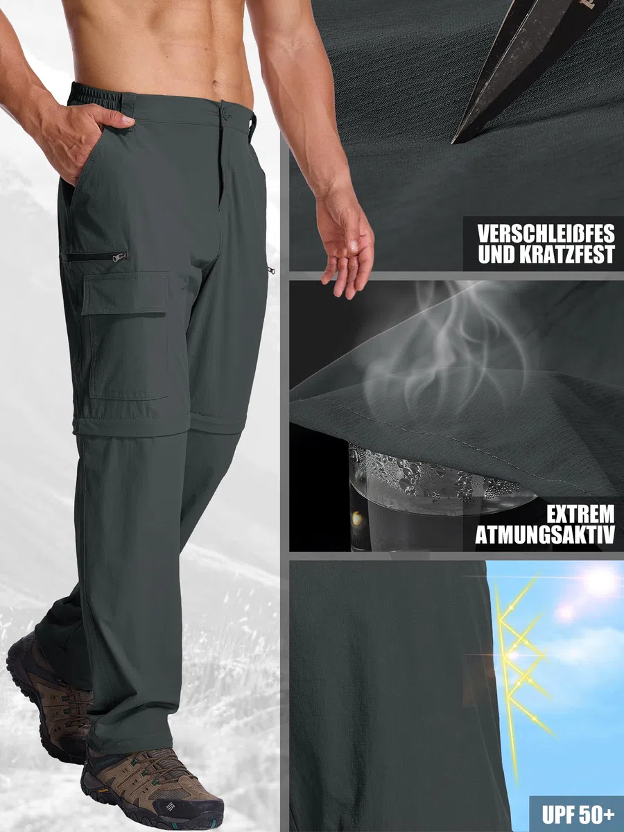 Pantalón Hombre Convertible, Pantalón de Senderismo Verano Ligero Transpirable de Secado Rápido Desmontable, Cargo 6 Bolsillos para Senderismo, Trekking, Ciclismo, Viaje, Camping