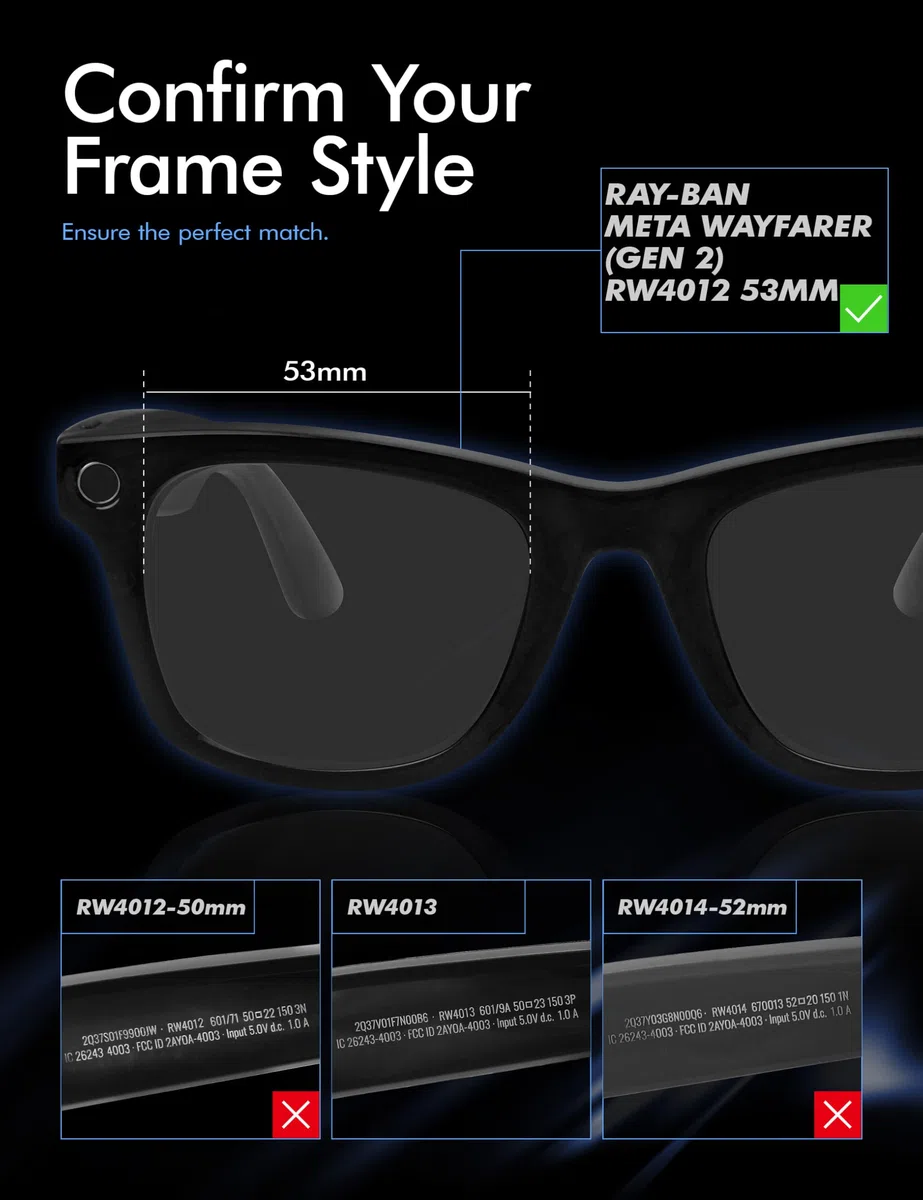 Saucer Lentes de repuesto de alta calidad compatibles con lentes de sol inteligentes Ray-Ban Meta Wayfarer (Gen 2) RW4012 de 53 mm