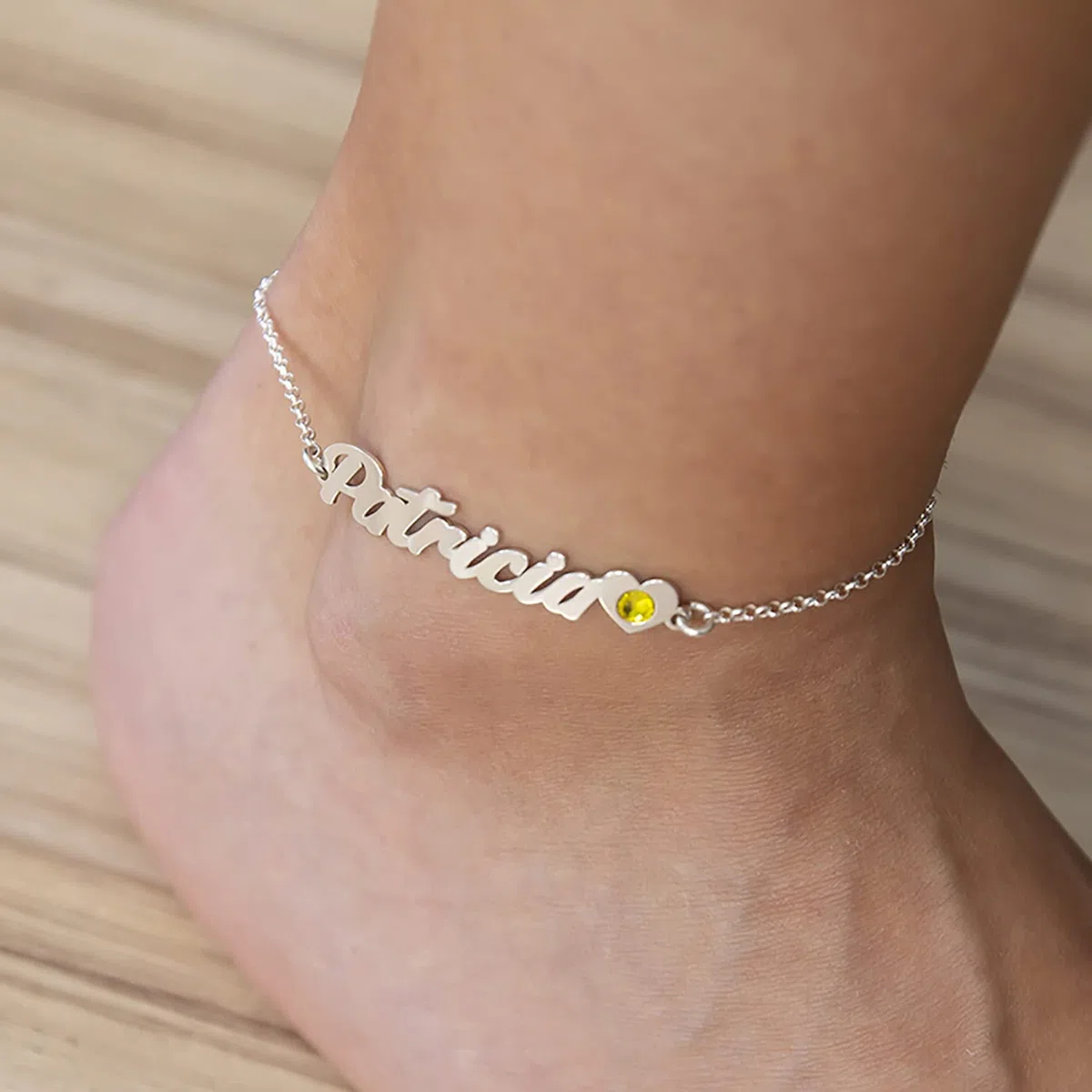 Tobillera PLATA DE LEY personalizada con nombre corazón y piedra de nacimiento