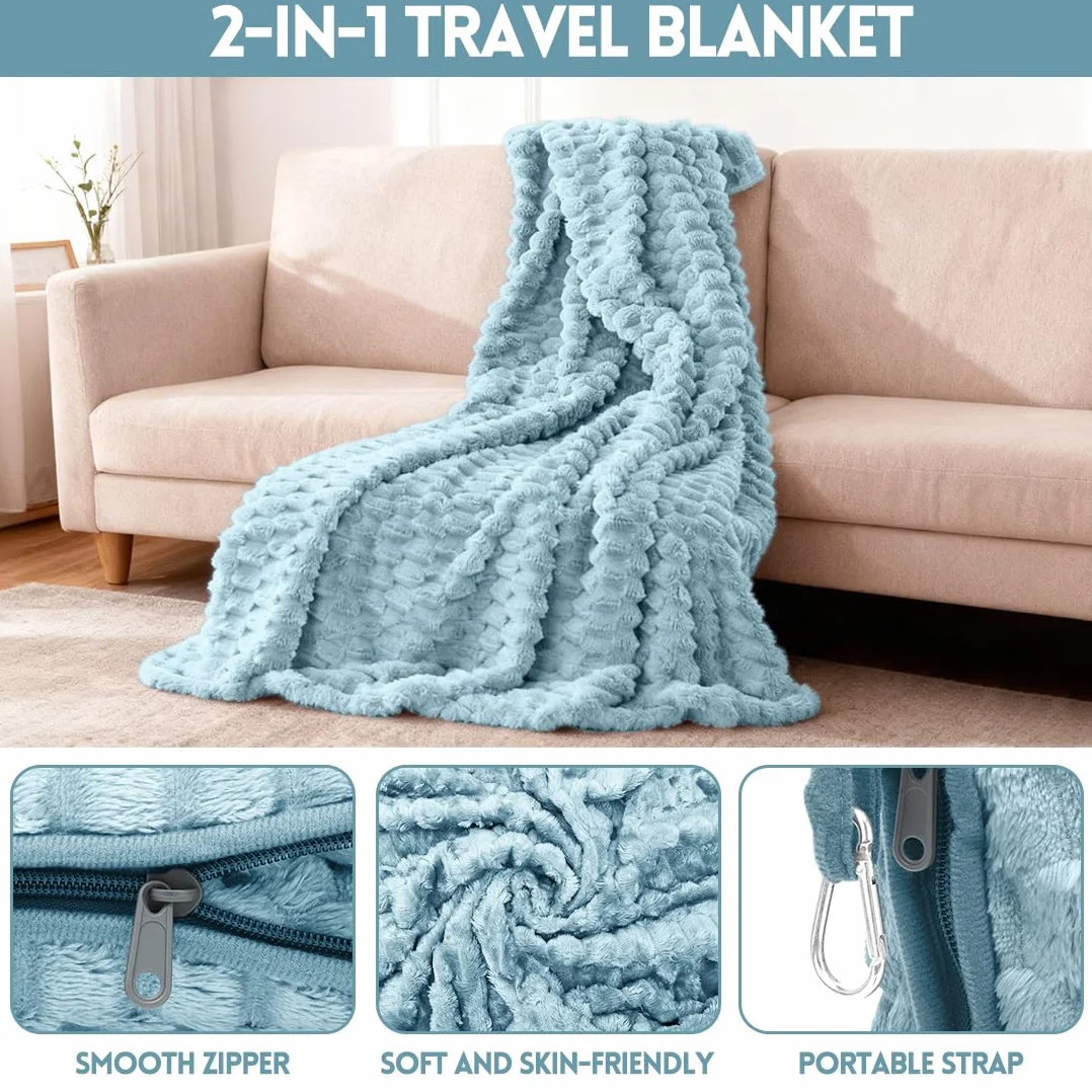 Manta de viaje almohada 2 en 1, suave y cálida manta de avión, almohada portátil multifuncional con funda de almohada, manta de viaje para avión, viajes, oficina, hogar, 127 x 152 cm (azul)