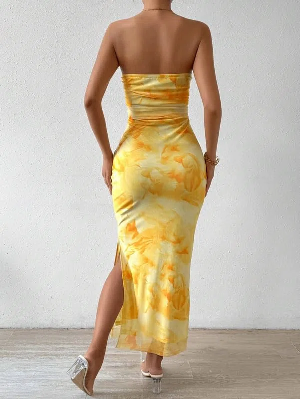 Mujer Vestido Largo Ajustado Sexy Tie Dye Vestidos de Tubo Elegante sin Mangas Maxi Vestido sin Tirantes de Fiesta Verano Fruncido Vestidos con Abertura para Cóctel Boda Invitada Noche Club
