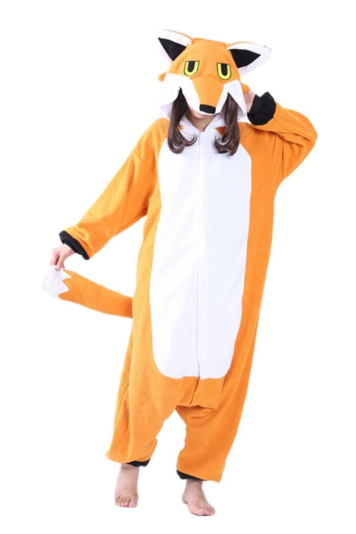 dressfan Unisex Disfraz Zorro Pijama Adulto,Animal Fox Monos Traje Ropa de Dormir,Cosplay Disfraces de Carnaval Halloween, Mujer Hombre